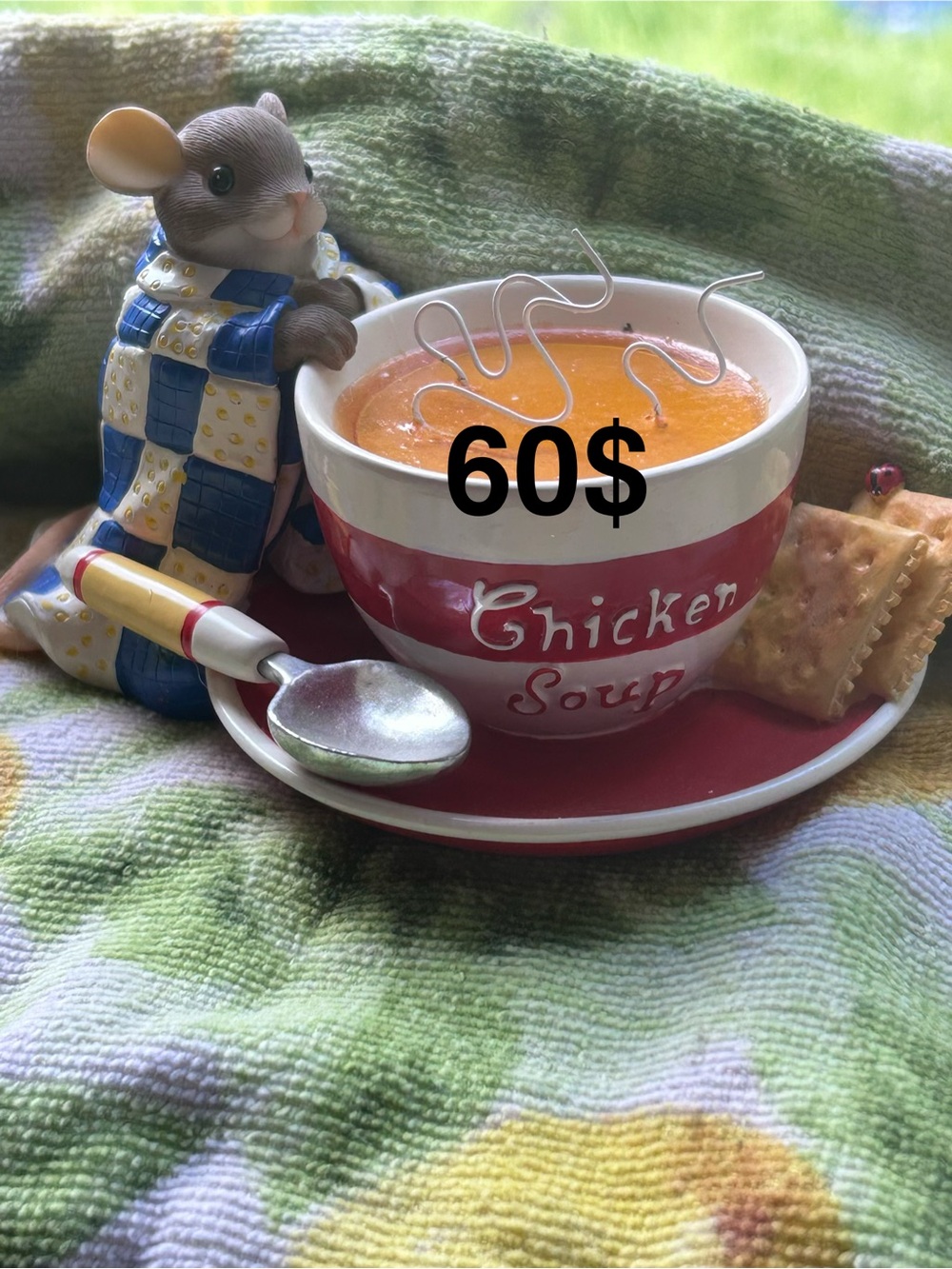 Charming tales Ceramic Red 'Chicken Soup' Bowl & Saucer Set with Mouse Figurine